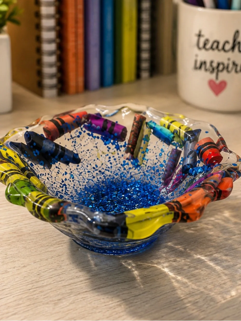 Hand-Blown Multicolor Crayon-Edged  Decorative Bowl - Blue Interior